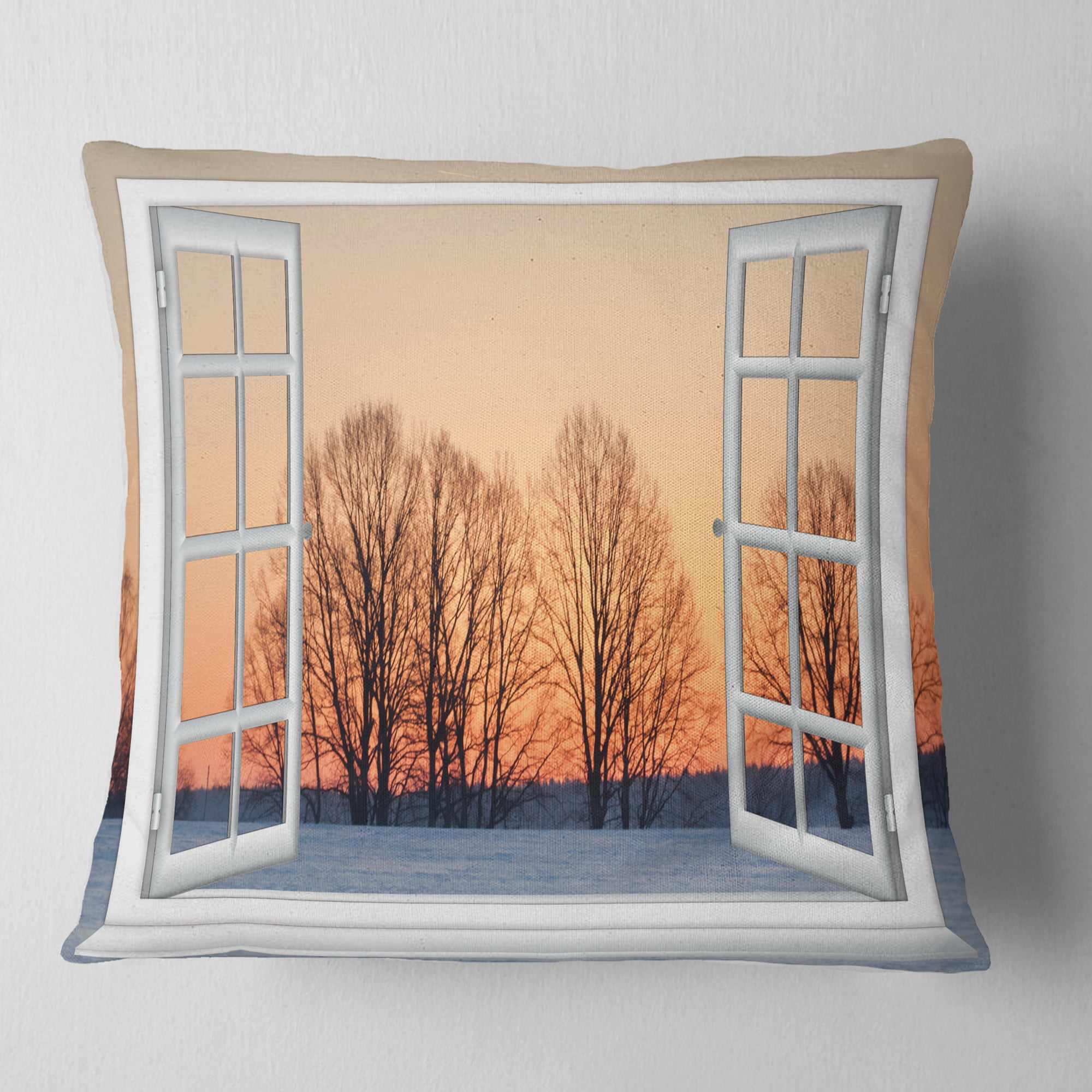 Designart Open Window to Snowy Sunset - Landscape Printed Throw Pillow - 18x18