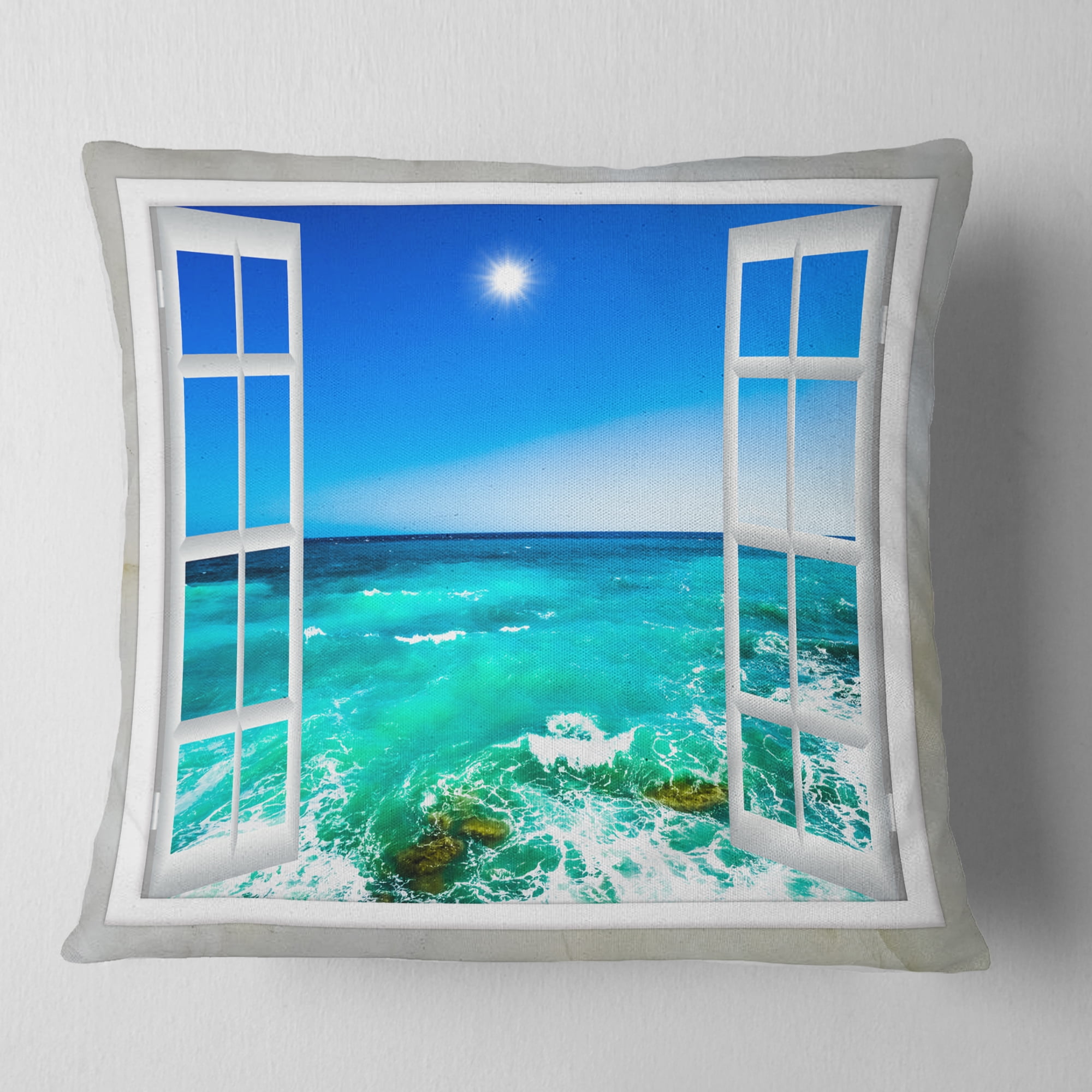 Designart Open Window to Wavy Ocean - Seashore Throw Pillow - 18x18