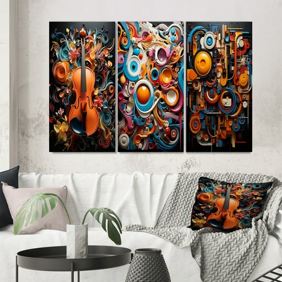 Designart "Opt Art Vibrant Euphony" Abstract Wall Art Set Of 3 - Multi-Color Op Art Canvas Set For Living Room Decor