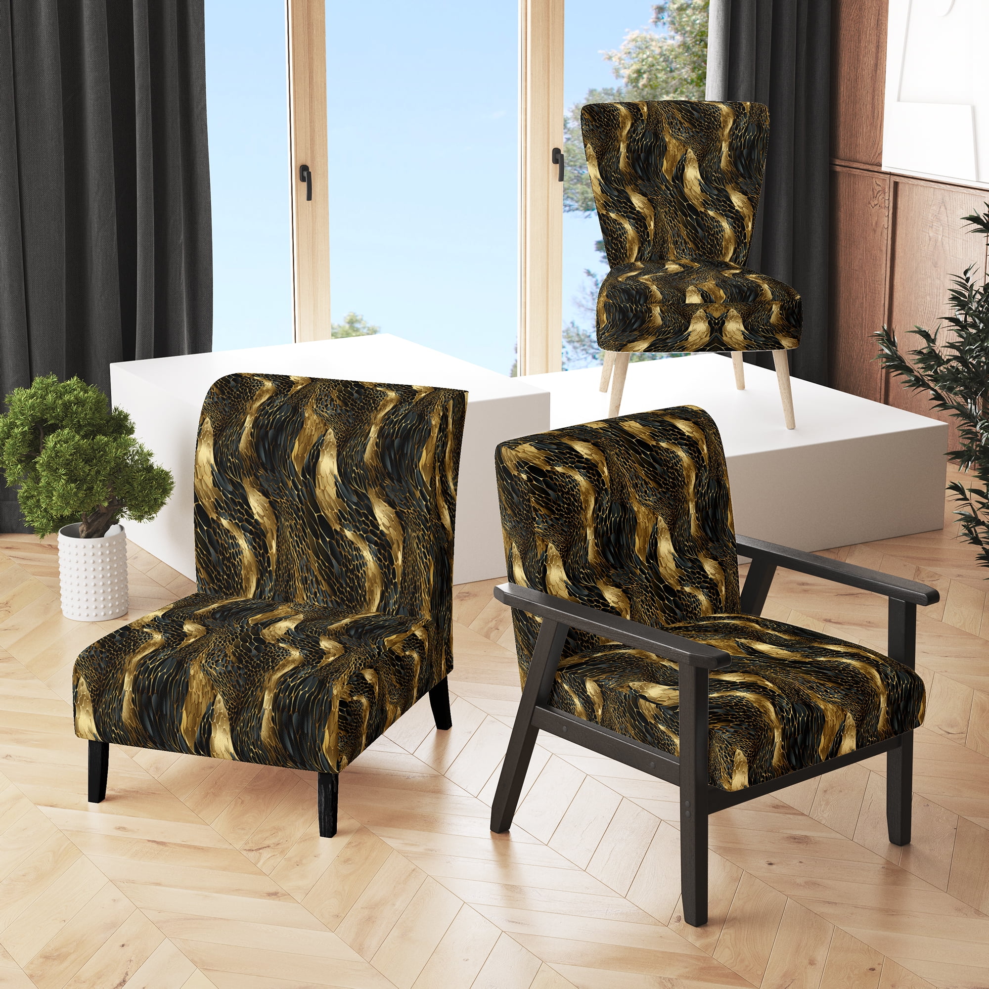 Designart "Opulent Black And Gold Gilding" Black Marble Upholstered