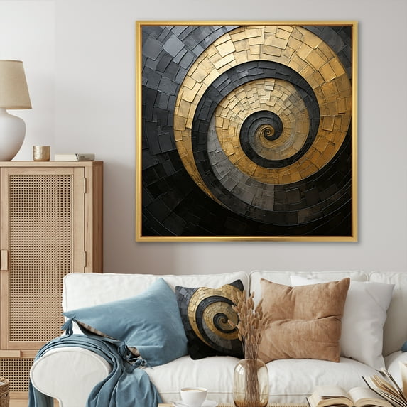 Designart "Opulent Black & Gold Pottery Spirals" Abstract Spirals Floater Framed Wall Art Living Room