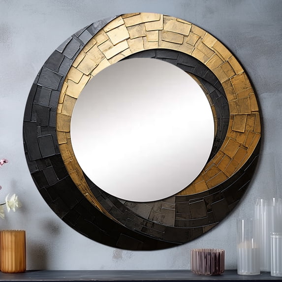 Designart "Opulent Black & Gold Pottery Spirals" Abstract Spirals Rund Mirror For Wall Decor - Large Gold Round Printed Mirror -Modern Round Living Room Mirror - 23" x 23"