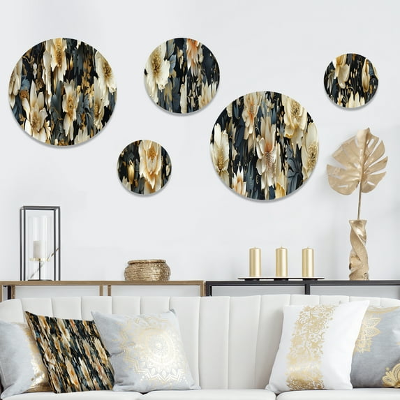 Designart "Opulent Gold Grey Floral Luxe" Floral Round Wall Art Set Of 5 - Gold Cottage Living Room Wall Metal Art Set