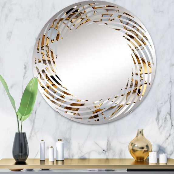 Designart "Opulent Gold and White Marble" Marble Spiral Round Wall Mirror - Oval Printed Decorative Mirror - Multiple Color Options