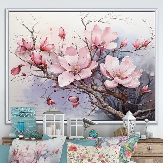 Designart "Opulent Magnolia Canopy" Magnolias Floater Framed Canvas Wall Art