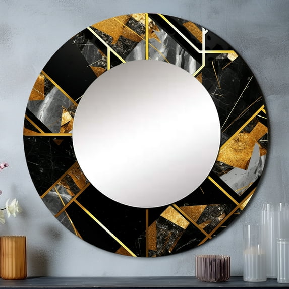 Designart "Opulent Marble Granite Agate with Gold Detailing XVI" Modern Geometric Rund Mirror For Wall Decor - Large Grey Round Printed Mirror - Modern Round Mirror 36" x 36" Inch