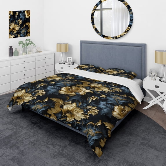 Designart "Opulent Navy Gold Damask I" Damask Bedding Covert Set - Bohemian & Eclectic Bed Set With 2 Shams