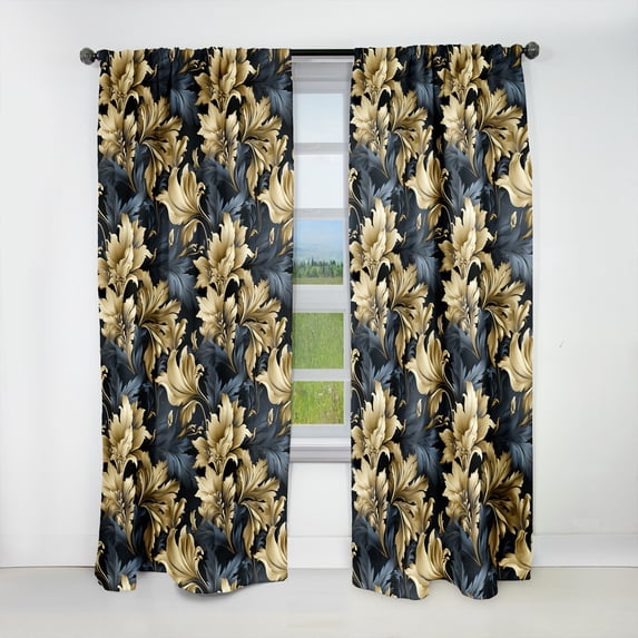 Designart "Opulent Navy Gold Damask II" Damask Blackout Curtain Panels