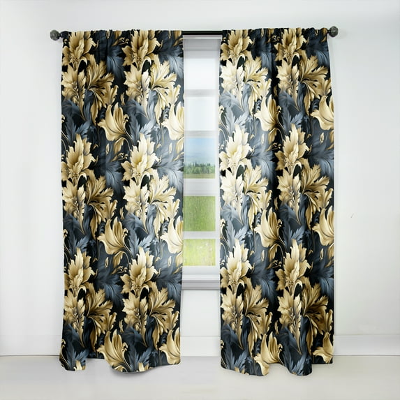 Designart "Opulent Navy Gold Damask II" Damask Room Darkening Curtain Single Panel