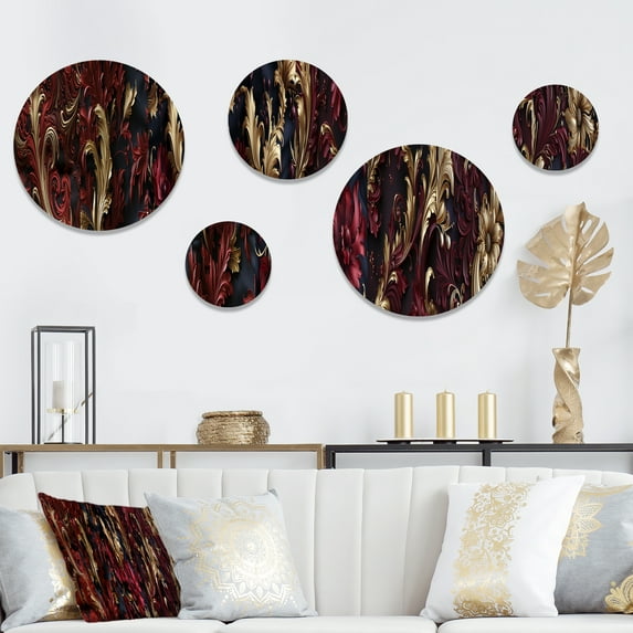 Designart "Opulent Scrolls In Baroque Style" Damask Round Wall Art Set Of 5 - Red Bohemian For Bedroom Wall Art Set