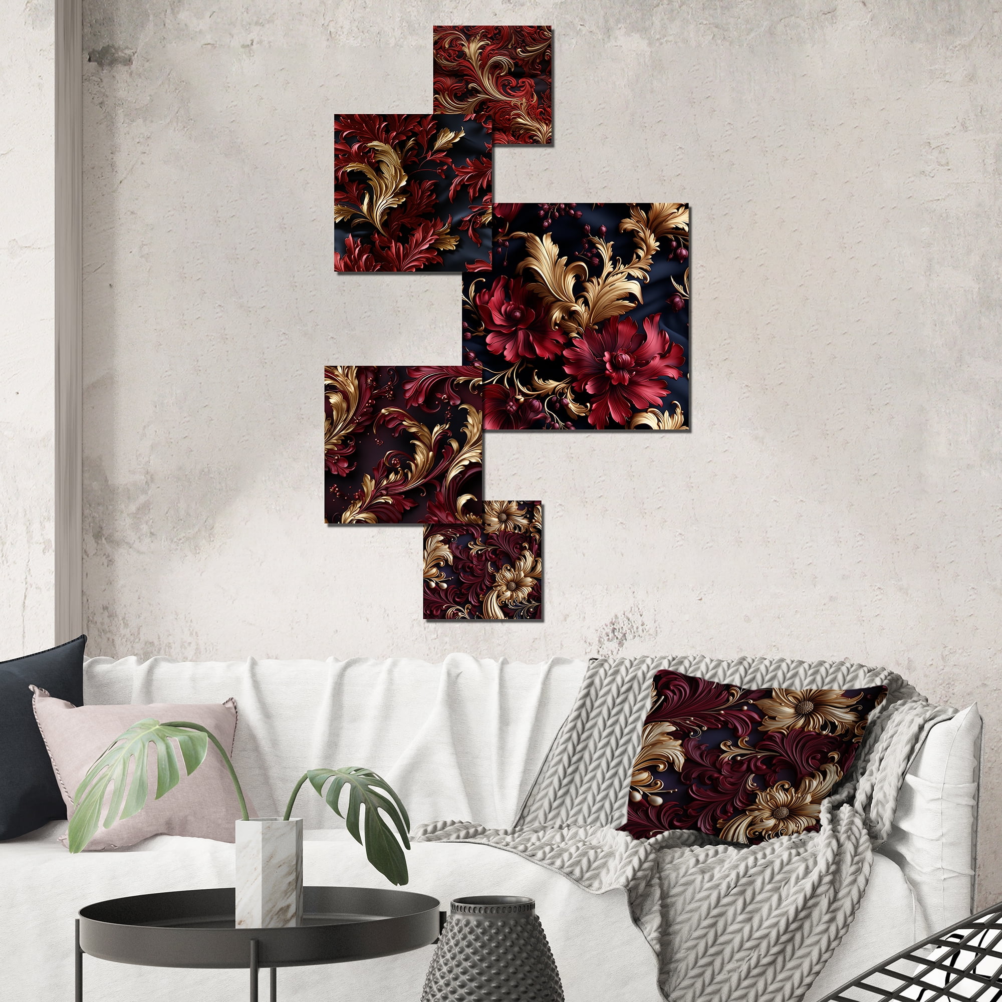 Opulent Red and Gold Baroque Damask Metal Wall Art Set