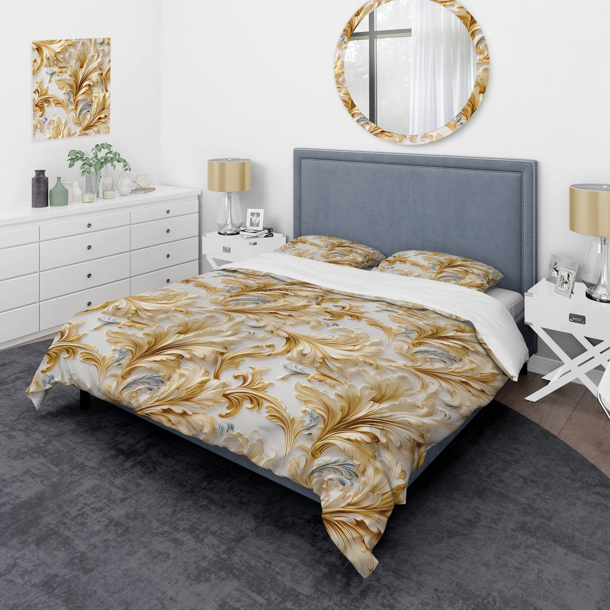 Twin Gold and White Damask Microfiber Bedding Set