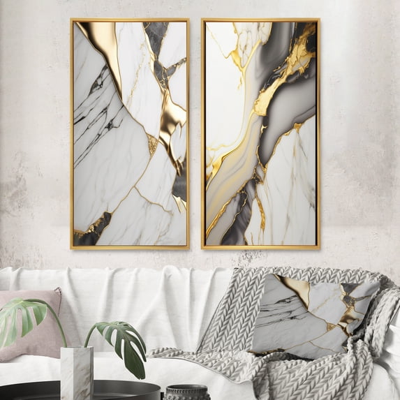 Designart "Opulent White and Gold Geode Marble I" Abstract Marble Framed Wall Art Set Of 2 - White Abstract Framed Canvas Set For Living Room Decor
