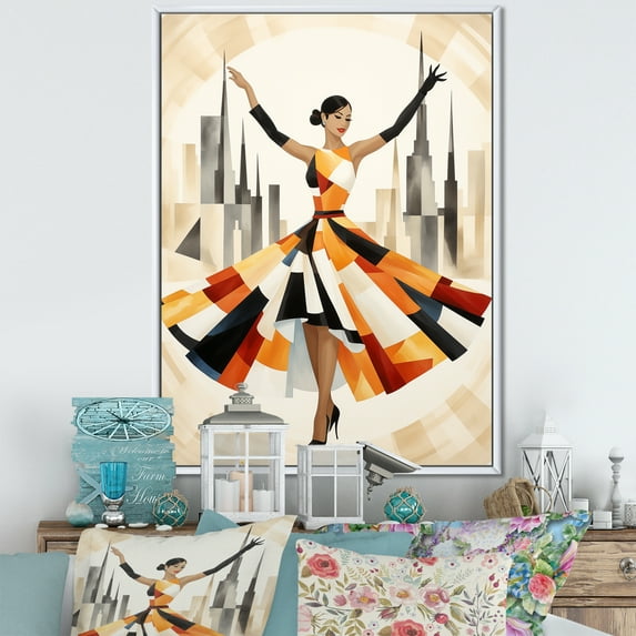 Designart "Orange Adagio Ballet Dance Fashion" Fashion Framed Wall Art - Glam Orange Ballet Entryway Framed Wall Art