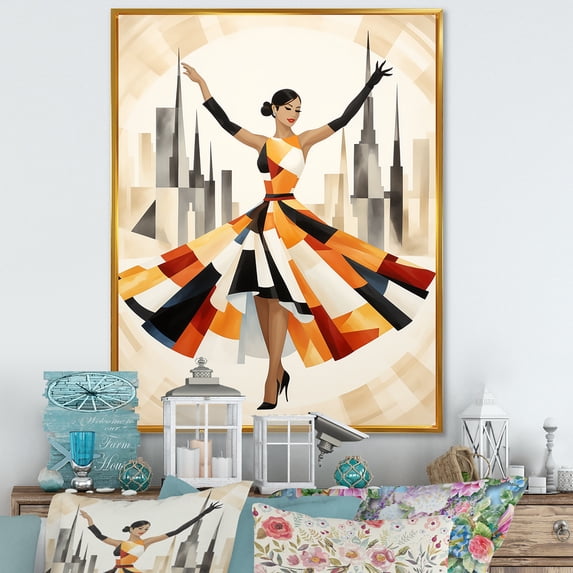 Designart "Orange Adagio Ballet Dance Fashion" Fashion Framed Wall Art - Glam Orange Ballet Entryway Framed Wall Art