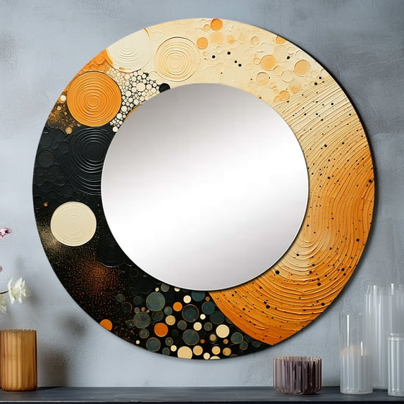 Designart "Orange And Black Mid Century Organic euphony" Abstract Collages Rund Mirror For Wall Decor - Large Orange Round Printed Mirror - Mid-Century Round Mirror 23" x 23" Inch
