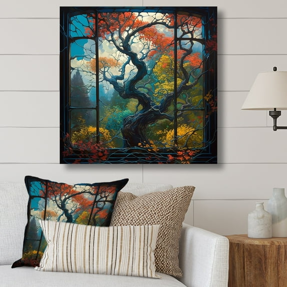 Designart "Orange And Brown Window Blossoms III" Farm Door and Windows Wall Art Living Room