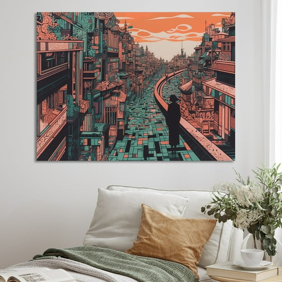 Designart "Orange And Green Cityscape Unveiled" City Art Deco Wall Art Print
