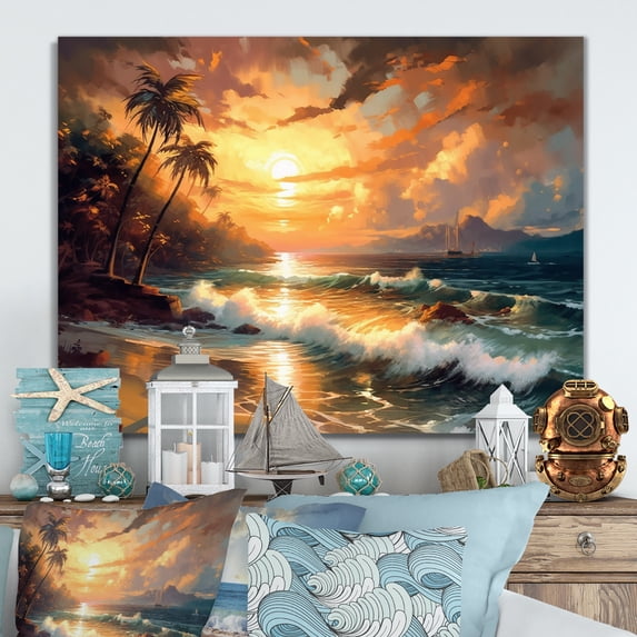 Designart "Orange And Green Shimmering Shores II" Beach Wall Decor