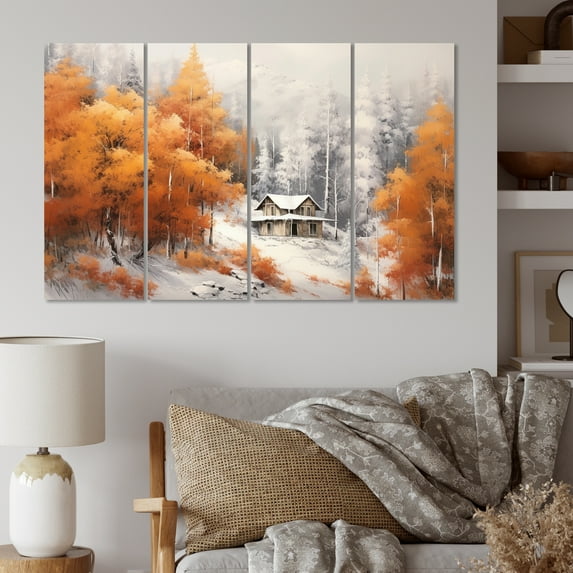 Designart "Orange And Grey Cozy Cabin Warm Refuge" Countryside Metal Wall Décor Set