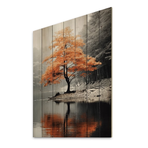 Designart "Orange And Grey Forest Autumn gracefulness II" Floral Print on Natural Pine Wood