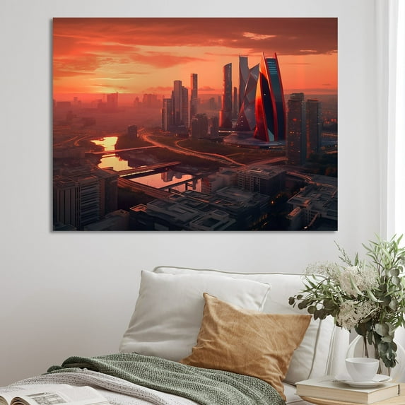 Designart "Orange And Pink Architectural Marvels II" City Art Deco Wall Art Print