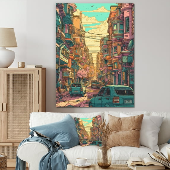 Designart "Orange And Pink Streetside Pause" City Art Deco Canvas Wall Art