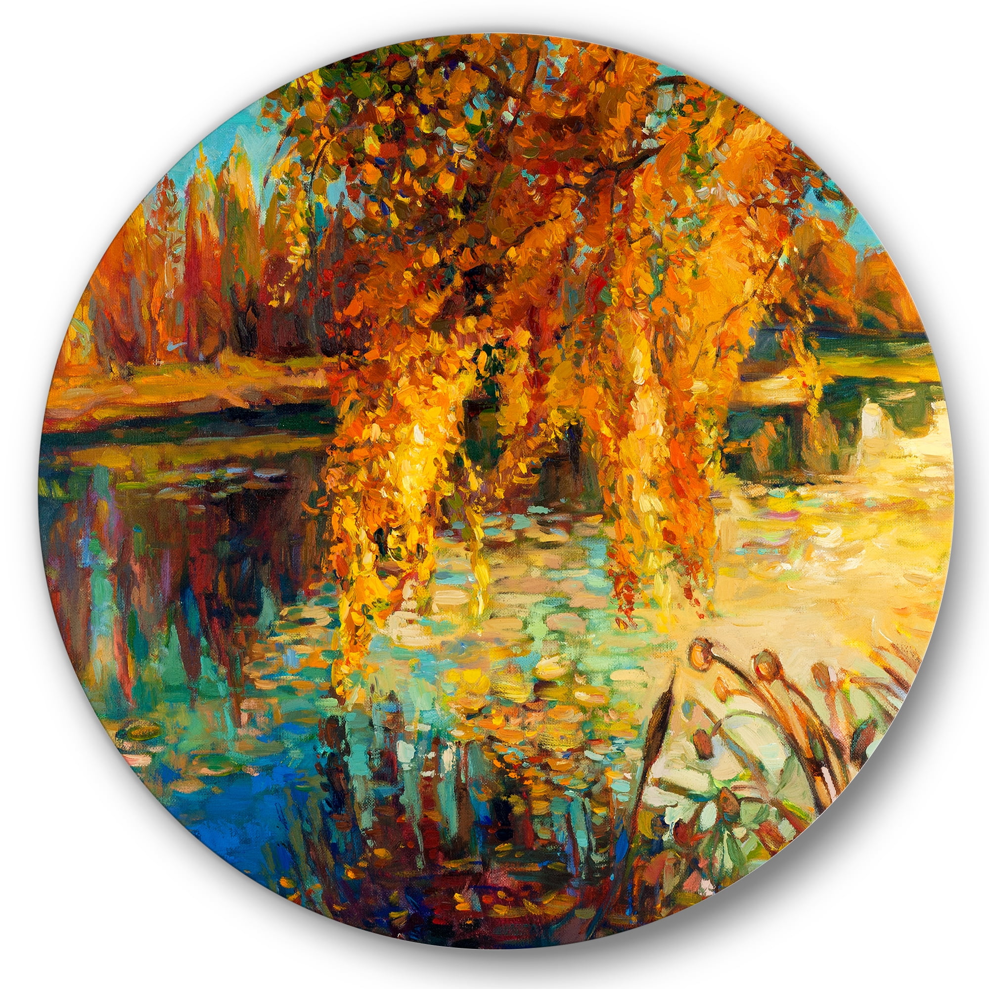 Designart 'Orange Autumn Forest Reflects On River' Lake House Circle Metal Wall Art 29x29 - Disc of 29