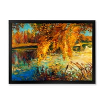 Designart 'Orange Autumn Forest Reflects On River' Lake House Framed Art Print