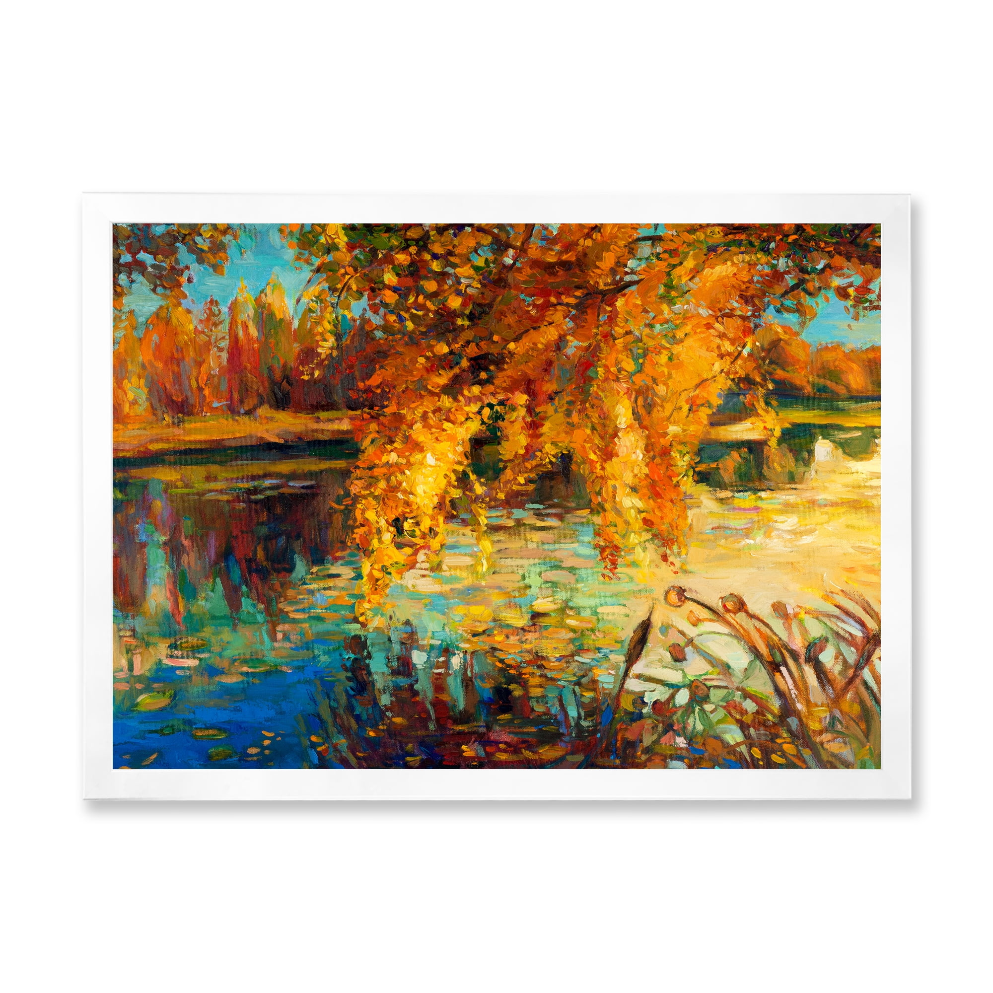 Designart 'Orange Autumn Forest Reflects On River' Lake House Framed Art Print