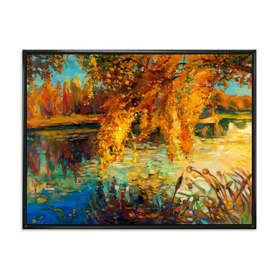 Designart 'Orange Autumn Forest Reflects On River' Lake House Framed Canvas Wall Art Print