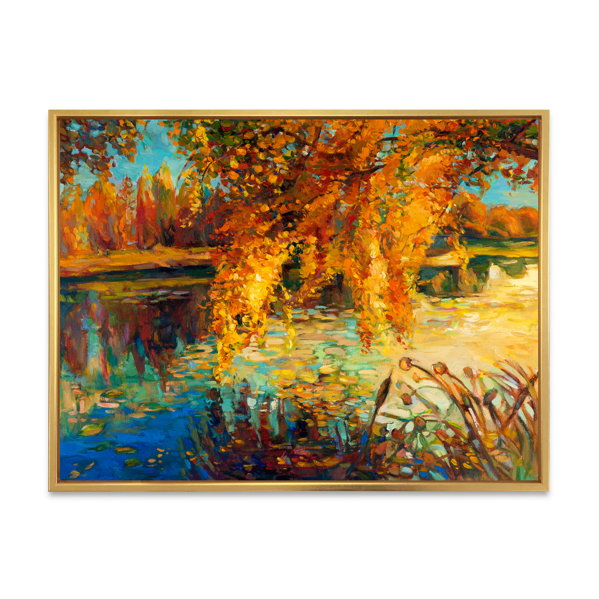 Designart 'Orange Autumn Forest Reflects On River' Lake House Framed Canvas Wall Art Print