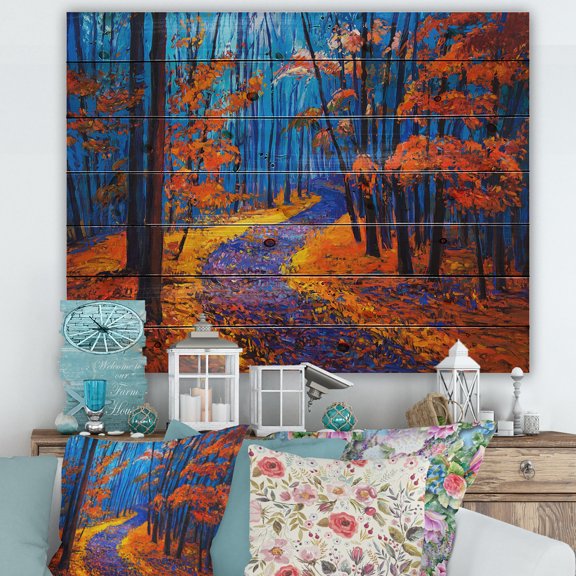 Designart 'Orange Autumn Landscape With Little Road I' Traditional Print on Natural Pine Wood