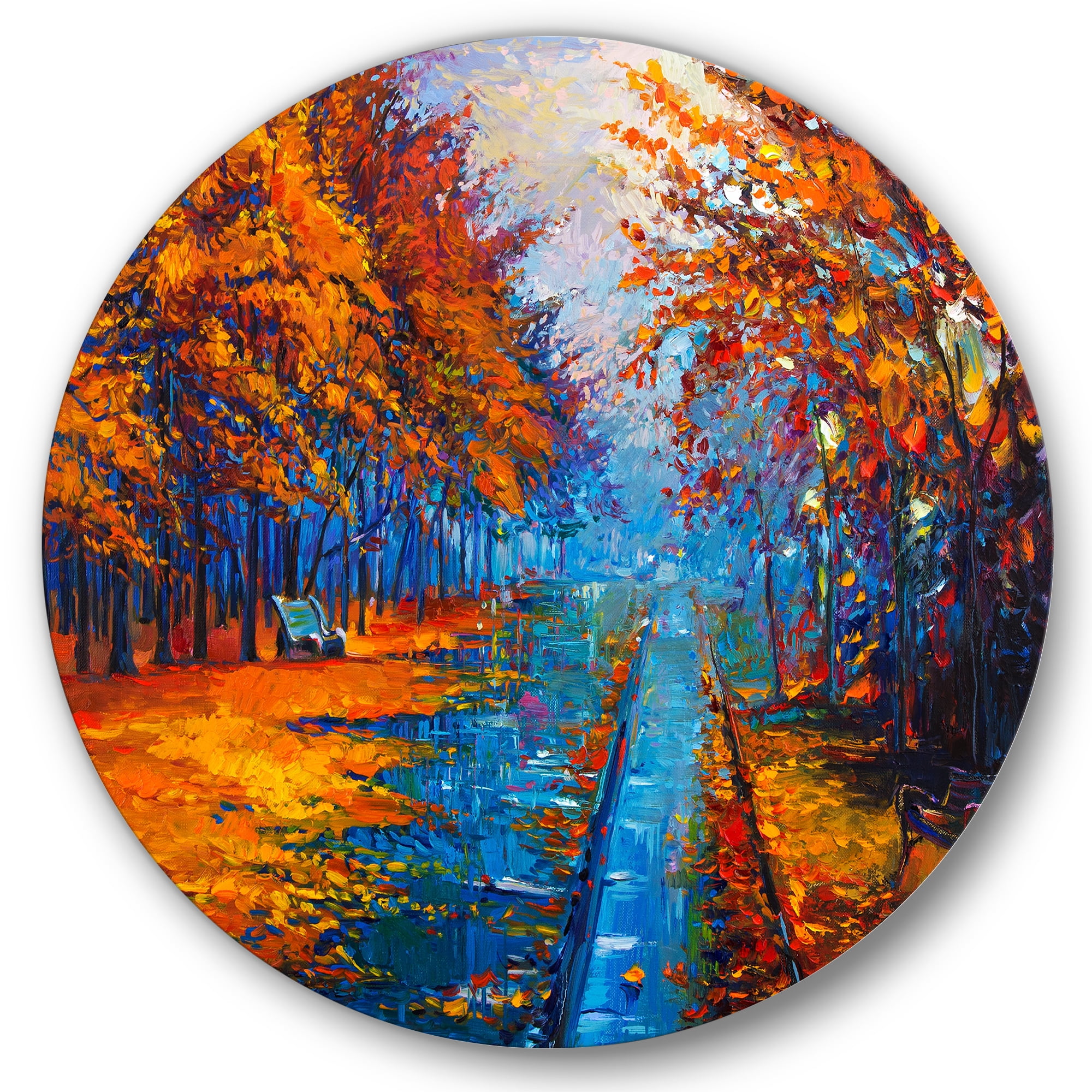 Designart 'Orange Autumn Landscape With Little Road II' Traditional Circle Metal Wall Art 23x23 - Disc of 23