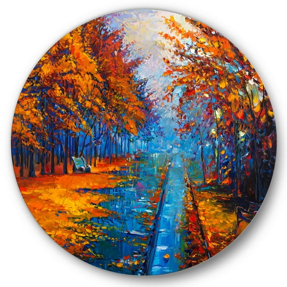 Designart 'Orange Autumn Landscape With Little Road II' Traditional Circle Metal Wall Art 36x36 - Disc of 36