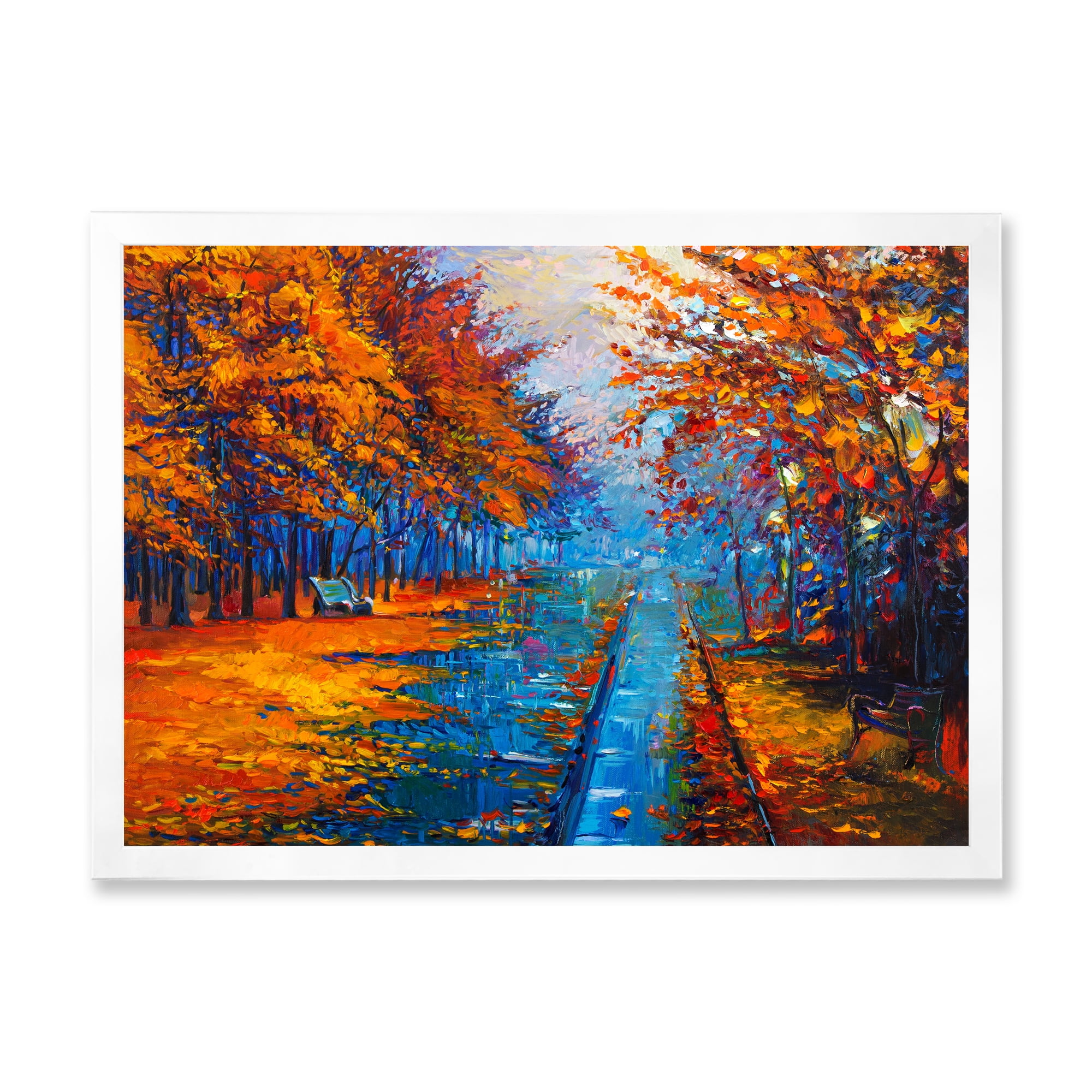 Designart 'Orange Autumn Landscape With Little Road II' Traditional Framed Art Print