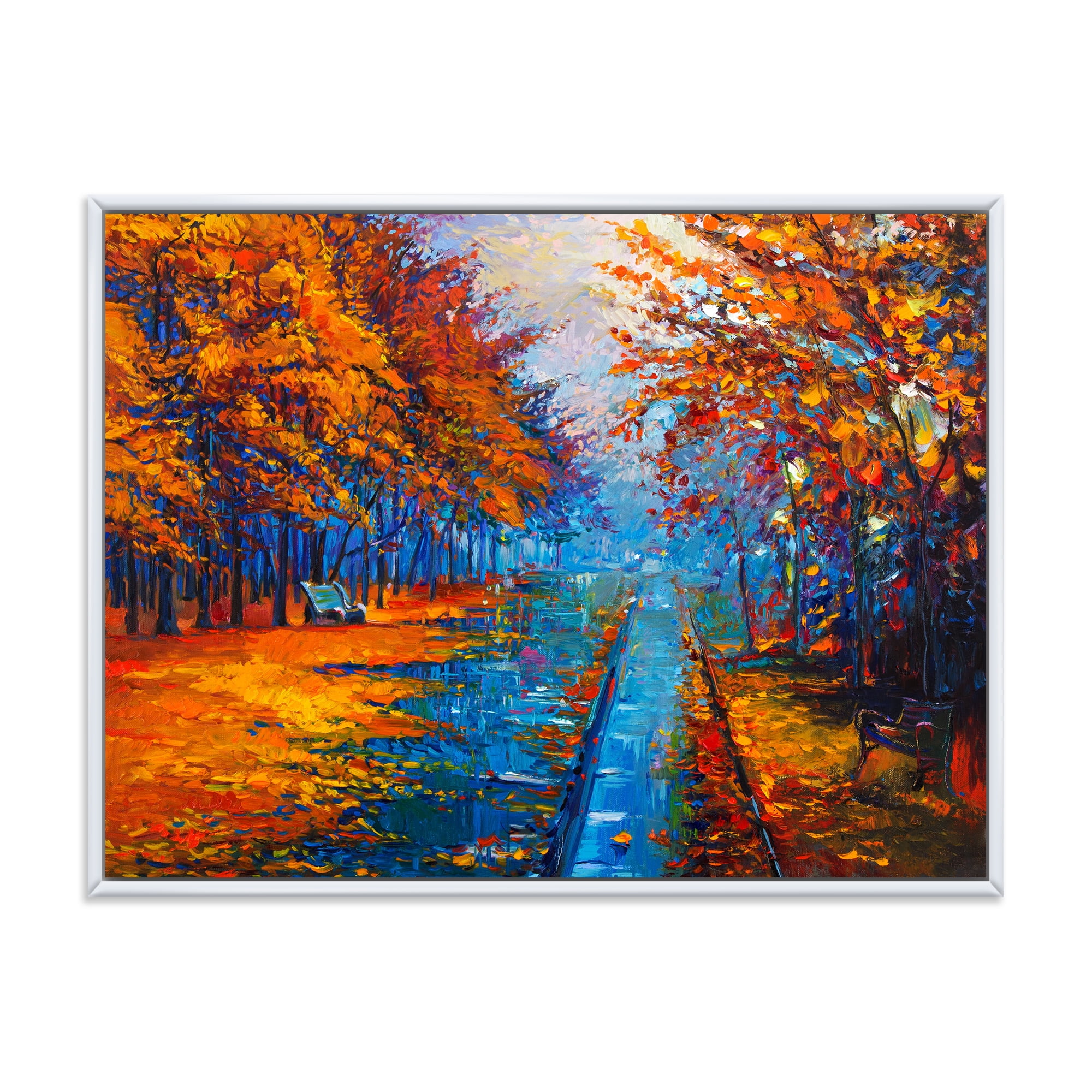 Designart 'Orange Autumn Landscape With Little Road II' Traditional Framed Canvas Wall Art Print