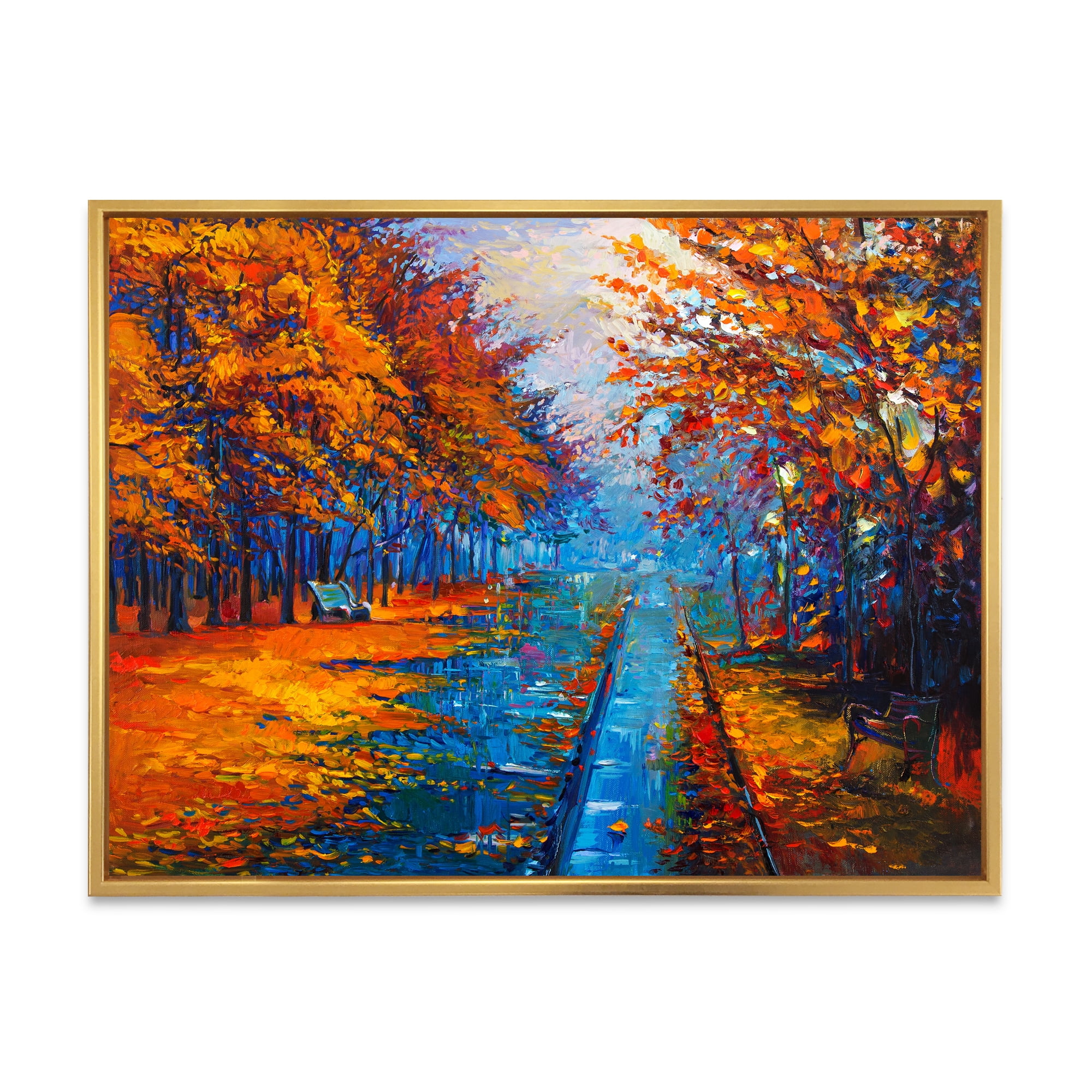 Designart 'Orange Autumn Landscape With Little Road II' Traditional Framed Canvas Wall Art Print