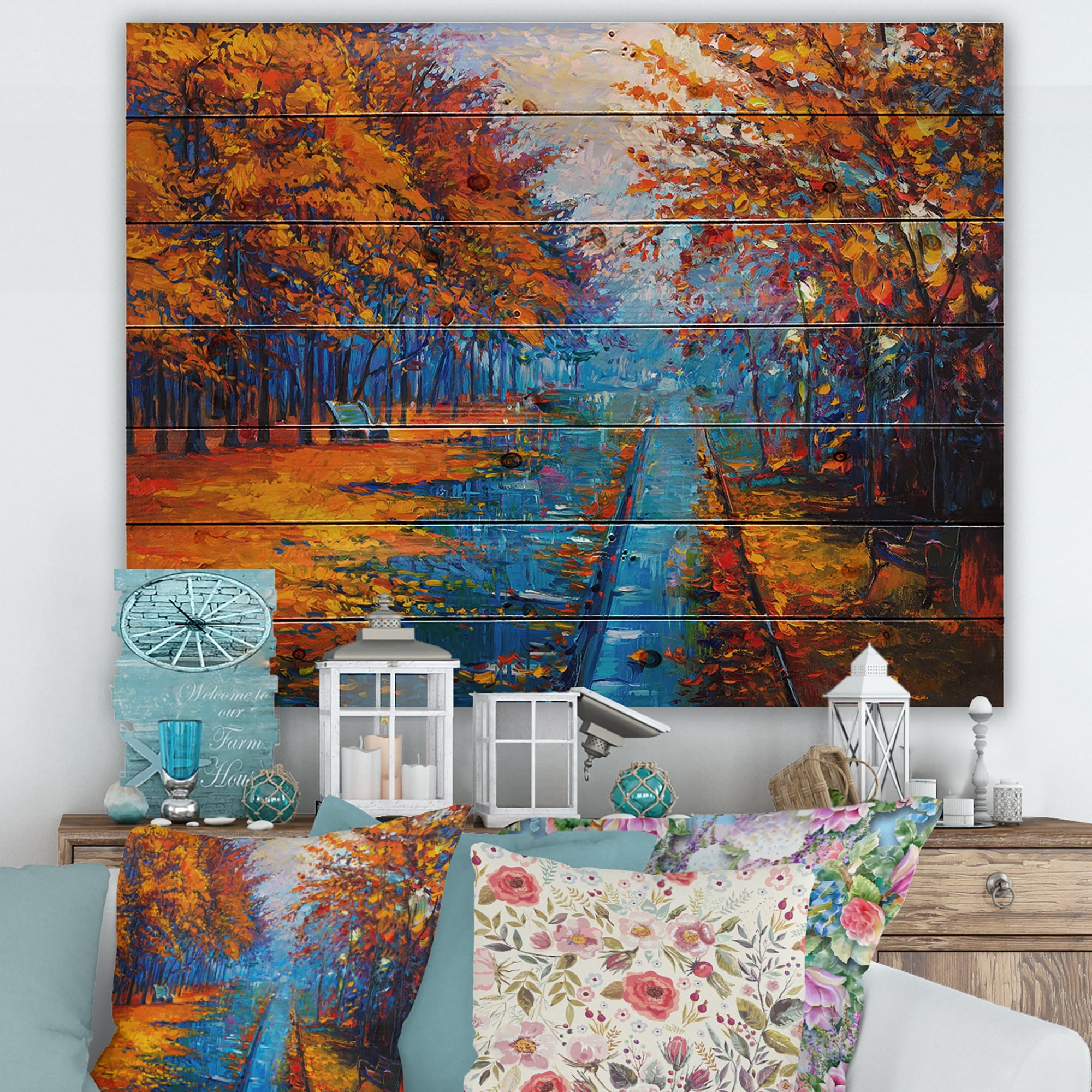 Designart 'Orange Autumn Landscape With Little Road II' Traditional Print on Natural Pine Wood