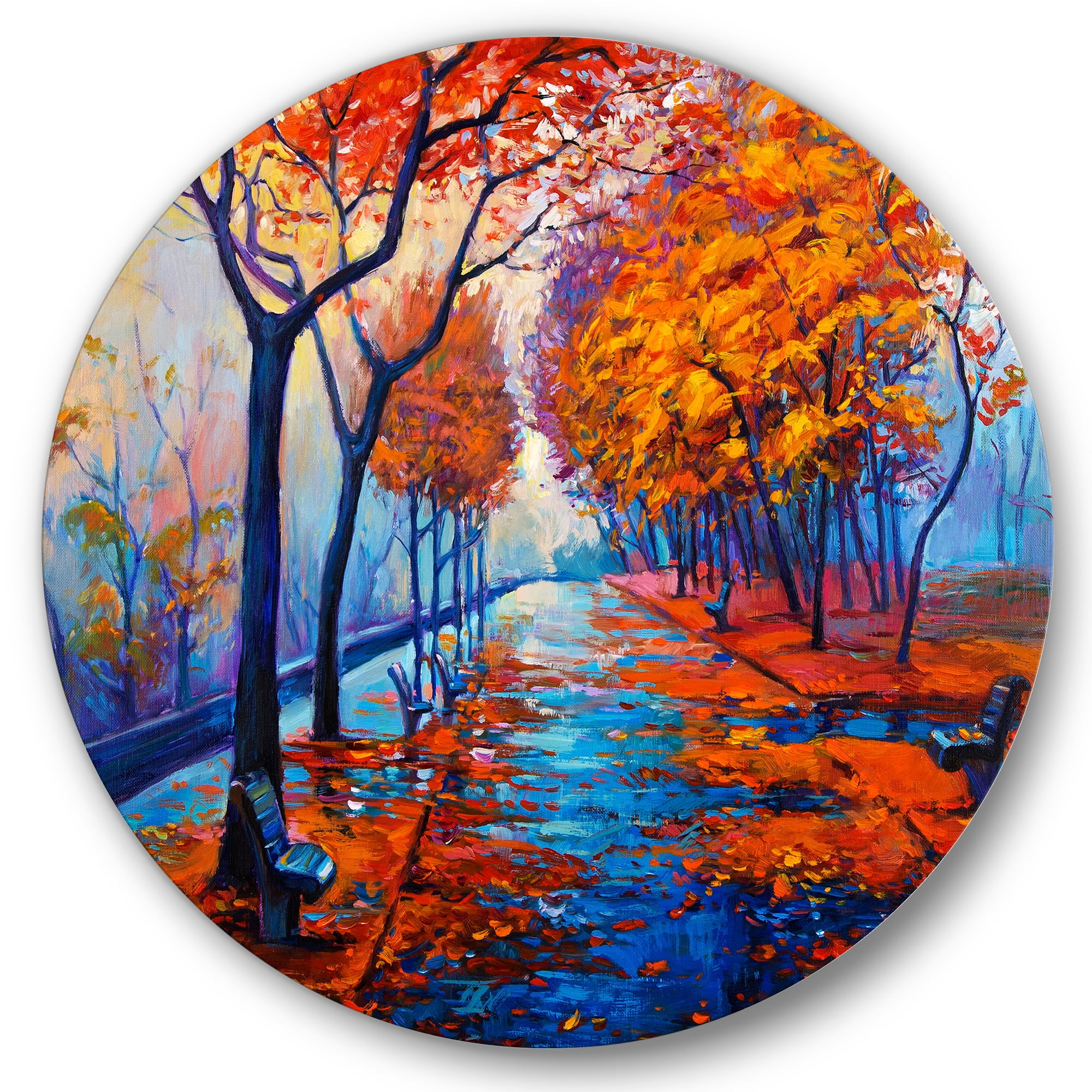 Designart 'Orange Autumn Landscape With Little Road III' Traditional Circle Metal Wall Art 29x29 - Disc of 29