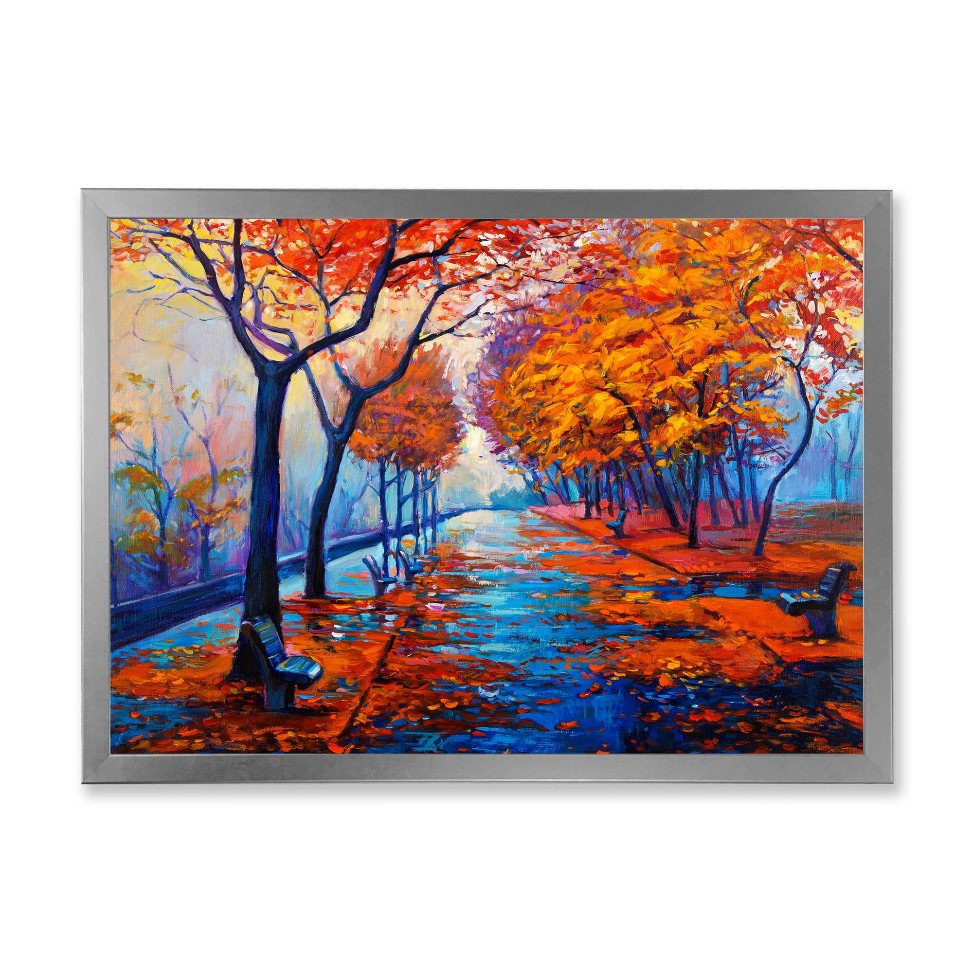 Designart 'Orange Autumn Landscape With Little Road III' Traditional Framed Art Print
