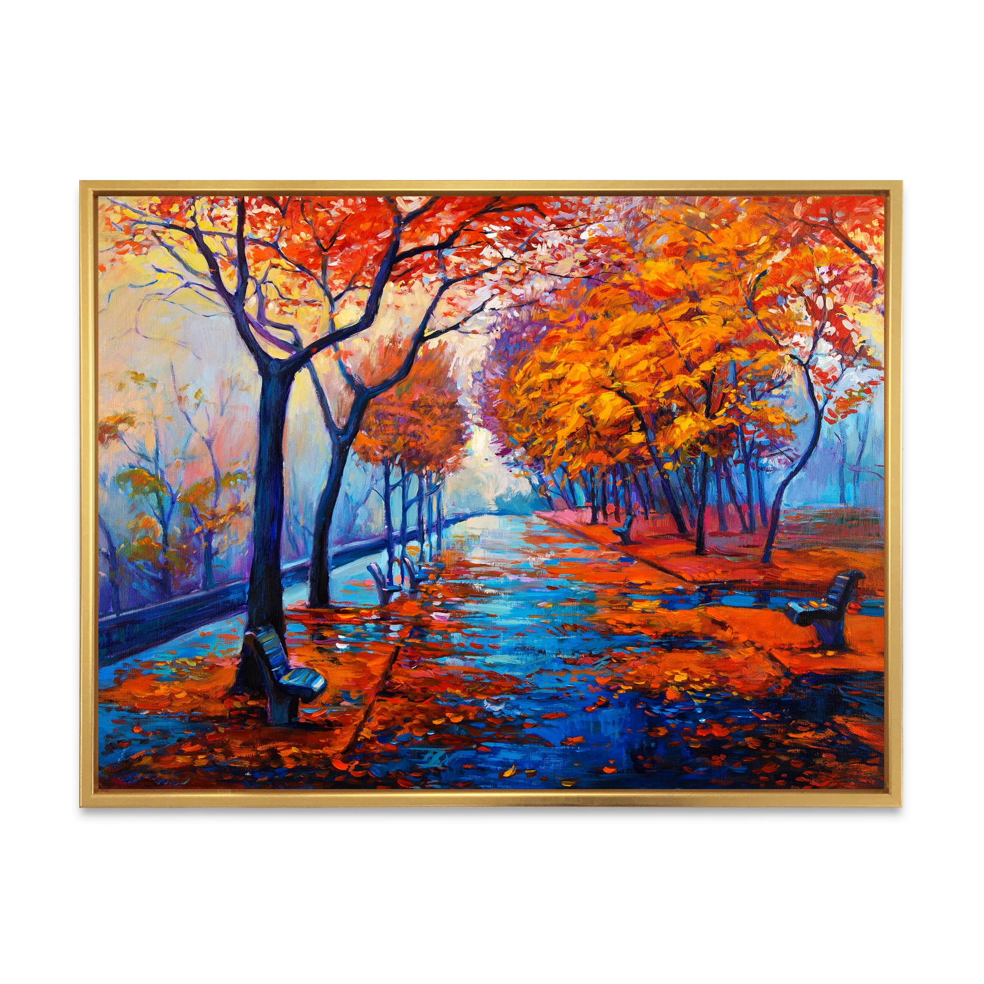 Designart 'Orange Autumn Landscape With Little Road III' Traditional Framed Canvas Wall Art Print