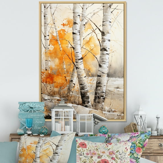 Designart "Orange Birch Wood During The Winter Season I" Tree Birch Floater Framed Wall Decor