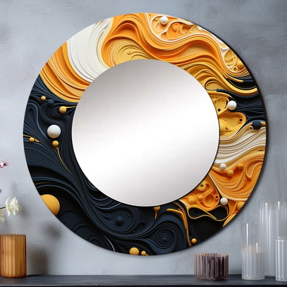 Designart "Orange Black Minimalism Flowing euphony" Abstract Collages Round Mirror Wall Décor Modern - Large Orange Round Mirror - Round Mirror 23" x 23" Inch