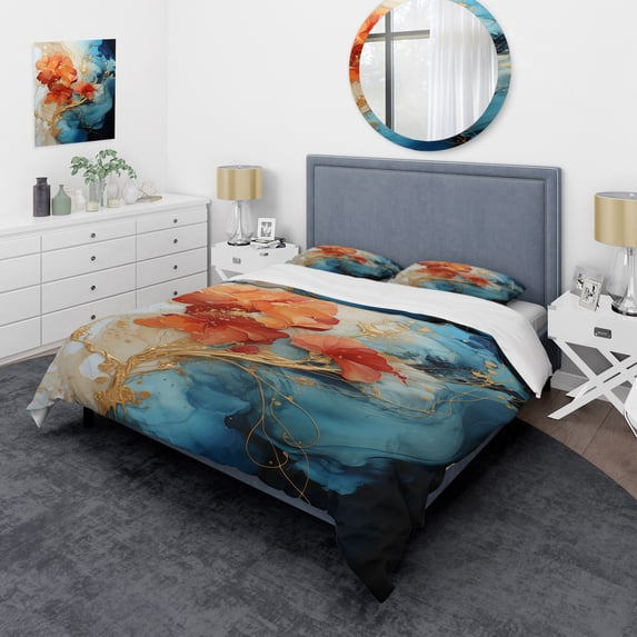 Designart "Orange Blue Abstract Fractal" Modern Bedding Covert Set - Fractals Orange Abstract Bed Set With 1 Sham
