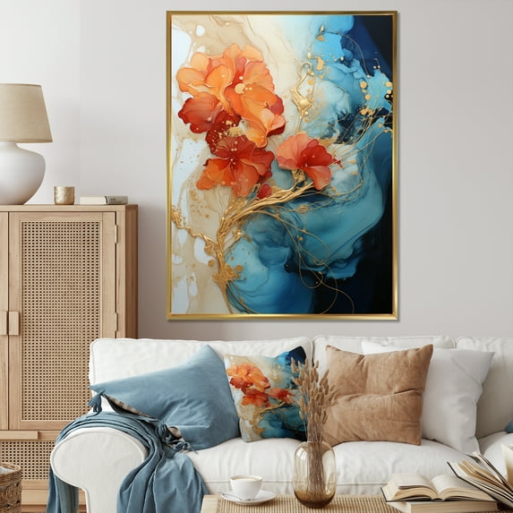 Designart "Orange Blue Abstract Fractal" Modern Floater Framed Wall Art Living Room