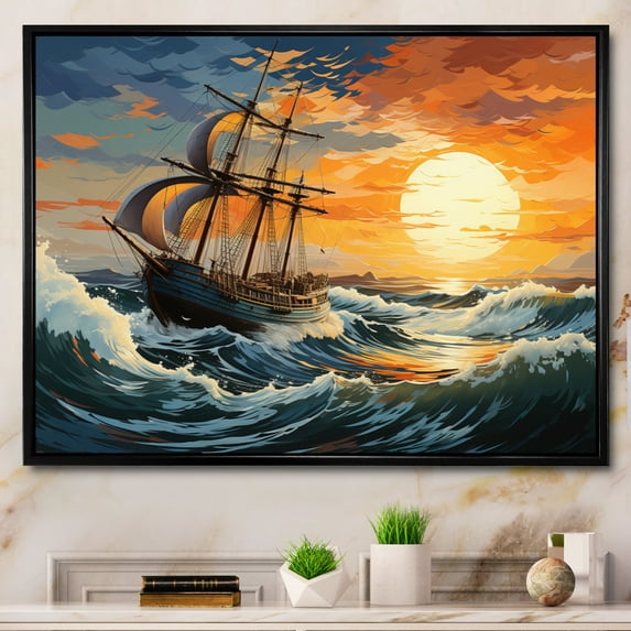 Designart "Orange Blue Boat Energetic Storm I" Boat Floater Framed Wall Art Living Room