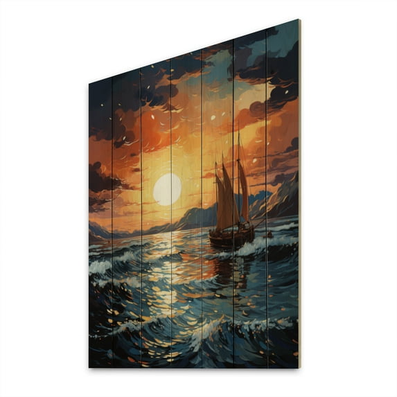 Designart "Orange Blue Boat Energetic Storm IV" Nautical & Beach Print on Natural Pine Wood