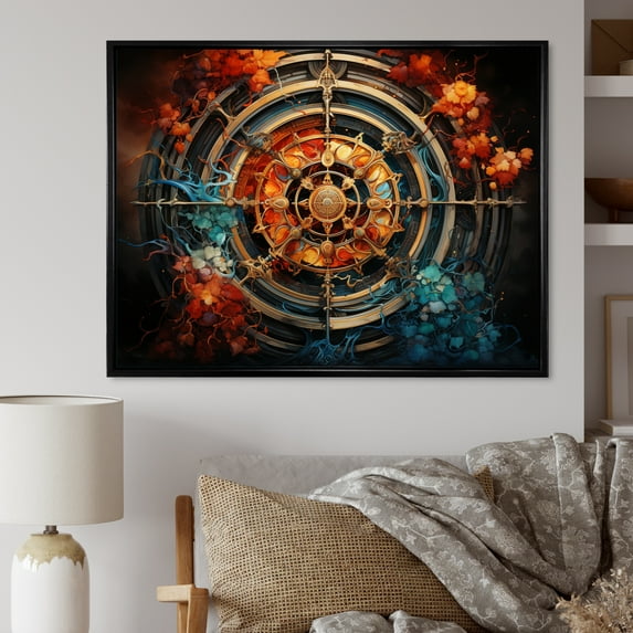 Designart "Orange Blue Buddhist Art Dharma Wheel" Spiritual Floater Framed Wall Decor