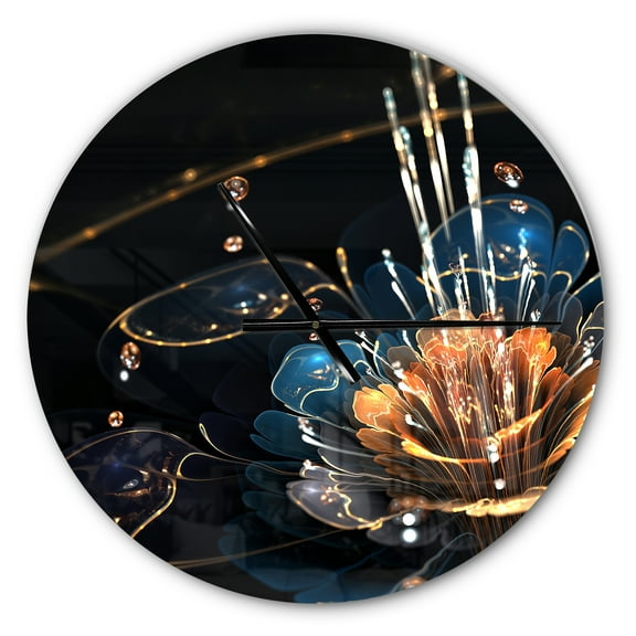 Designart 'Orange Blue Flower with Water Drops' Metal Wall Clock